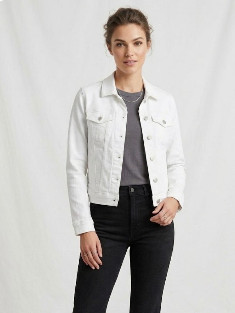 Talbots White Trucker Denim Button Front Minimalist Lean Layering Jean Jacket